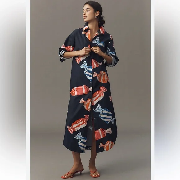 🎉SUPER RARE🎉Anthropologie NWT The Soren Long-Sleeve Shirt Dress Candy 🍭 print S. - Picture 3 of 16